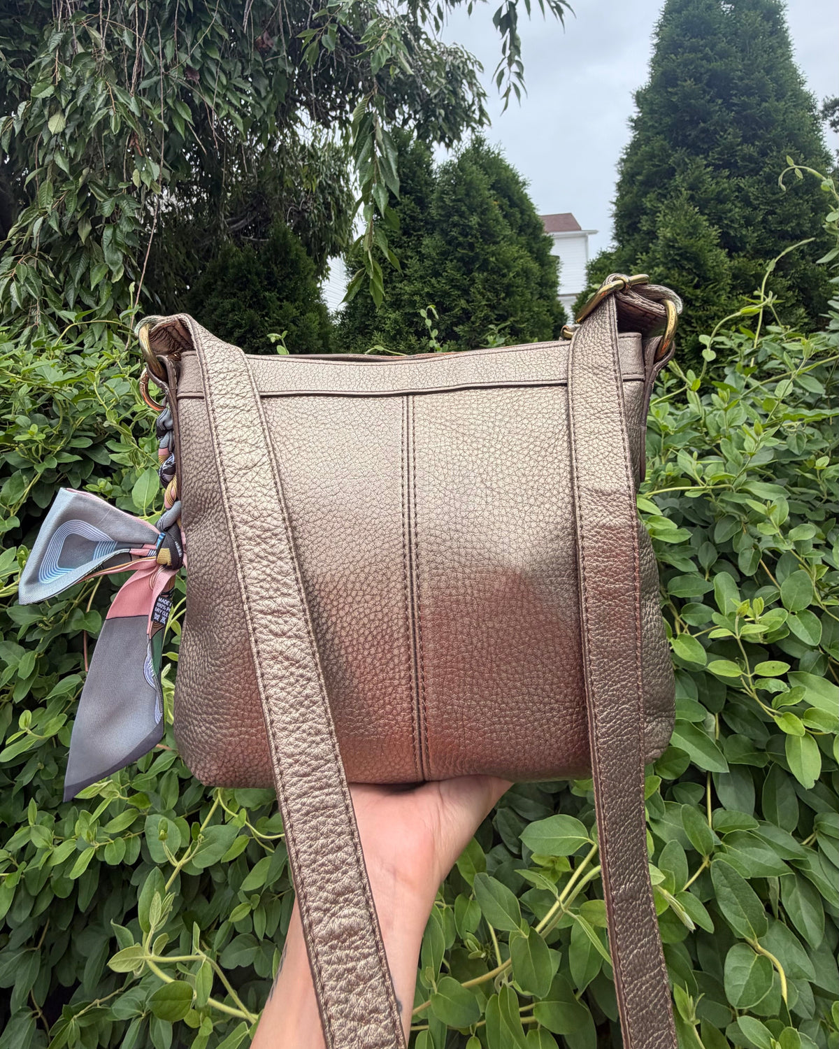 Fossil Metallic Taupe Pebbled Leather Crossbody with Scarf Accent