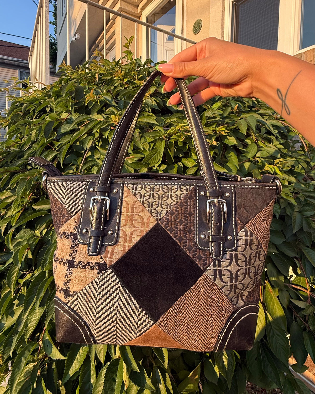Fossil Vintage Y2K Signature Brown Monogram Patchwork Suede Satchel Shoulder Bag