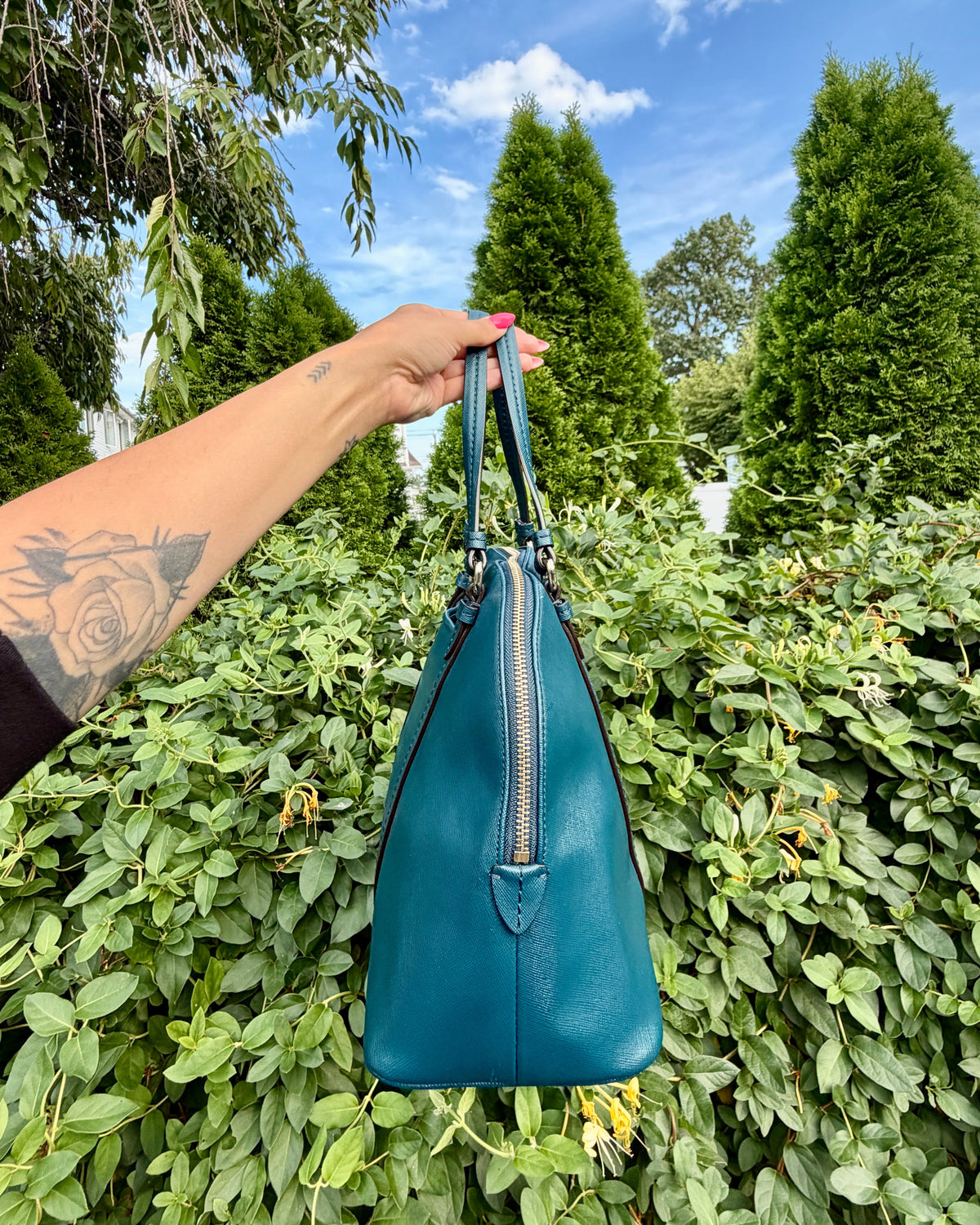 Coach Peyton Teal Blue Leather Satchel Shoulder Bag Dome Purse