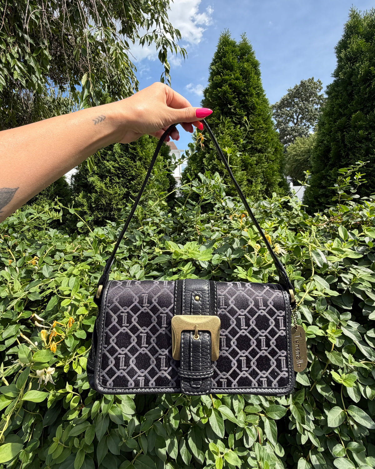 Vintage Y2K Tignanello Black Jacquard Shoulder Bag Rare Purse