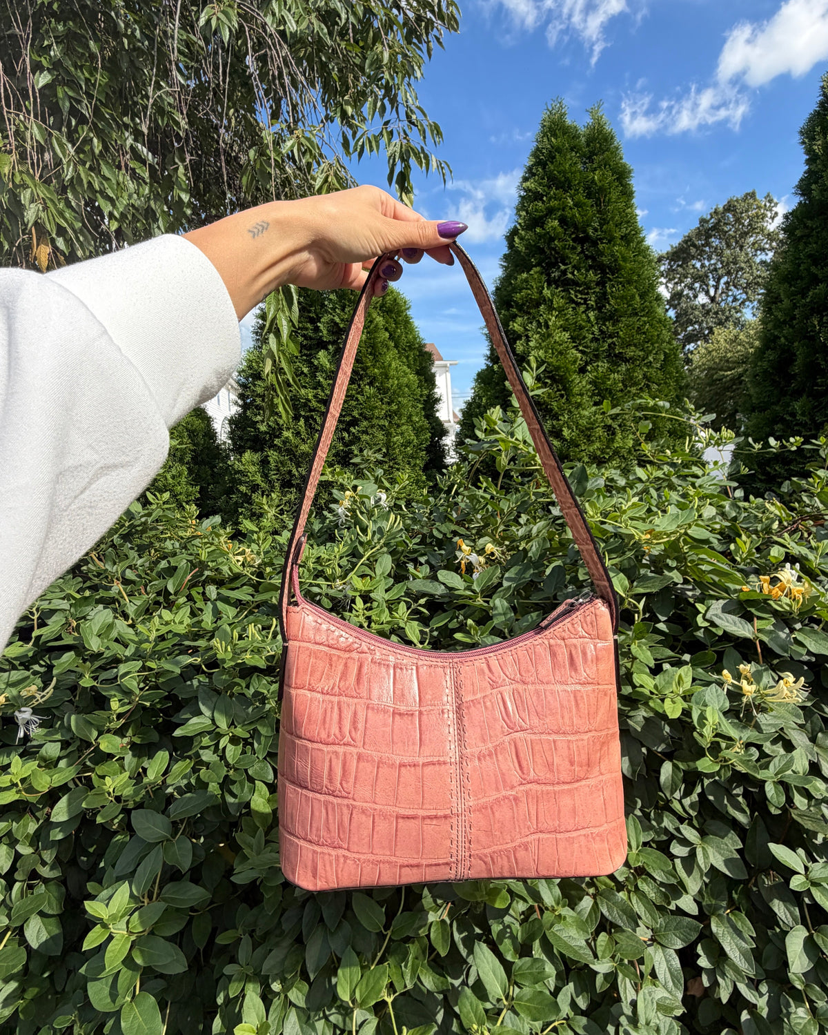 Vintage Y2K Fossil Pink Croc Embossed Leather Shoulder Bag Purse