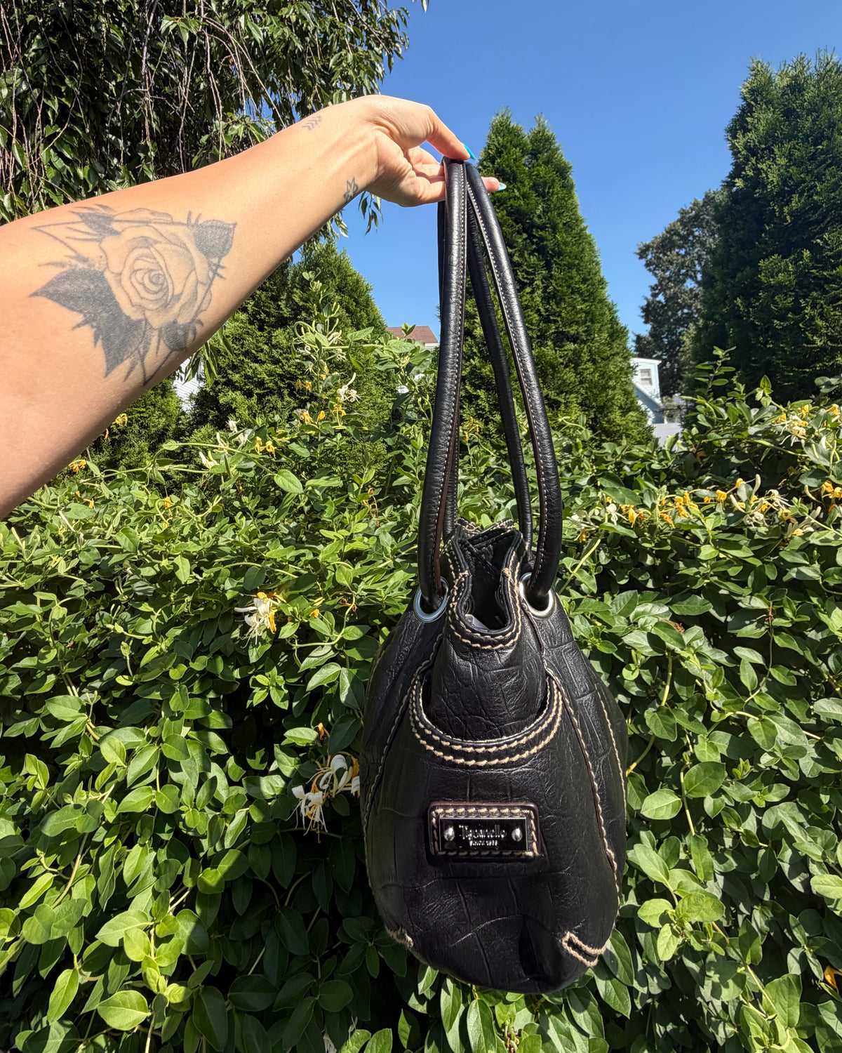 Vintage Tignanello Y2K Black Croc Embossed Leather Cloud Shoulder Bag