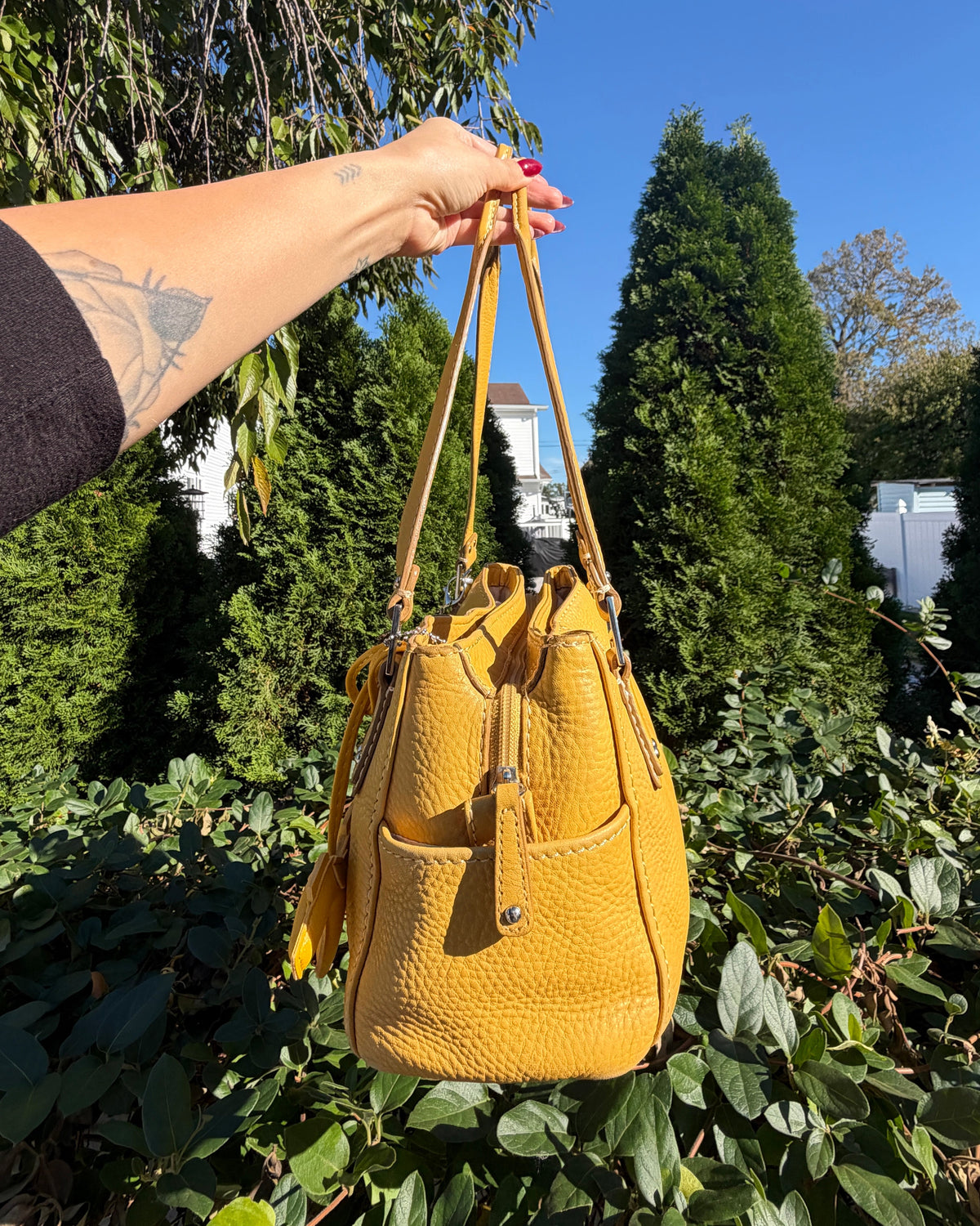 Vintage Y2K Fossil Yellow Leather Baguette Shoulder Bag Purse with Charms