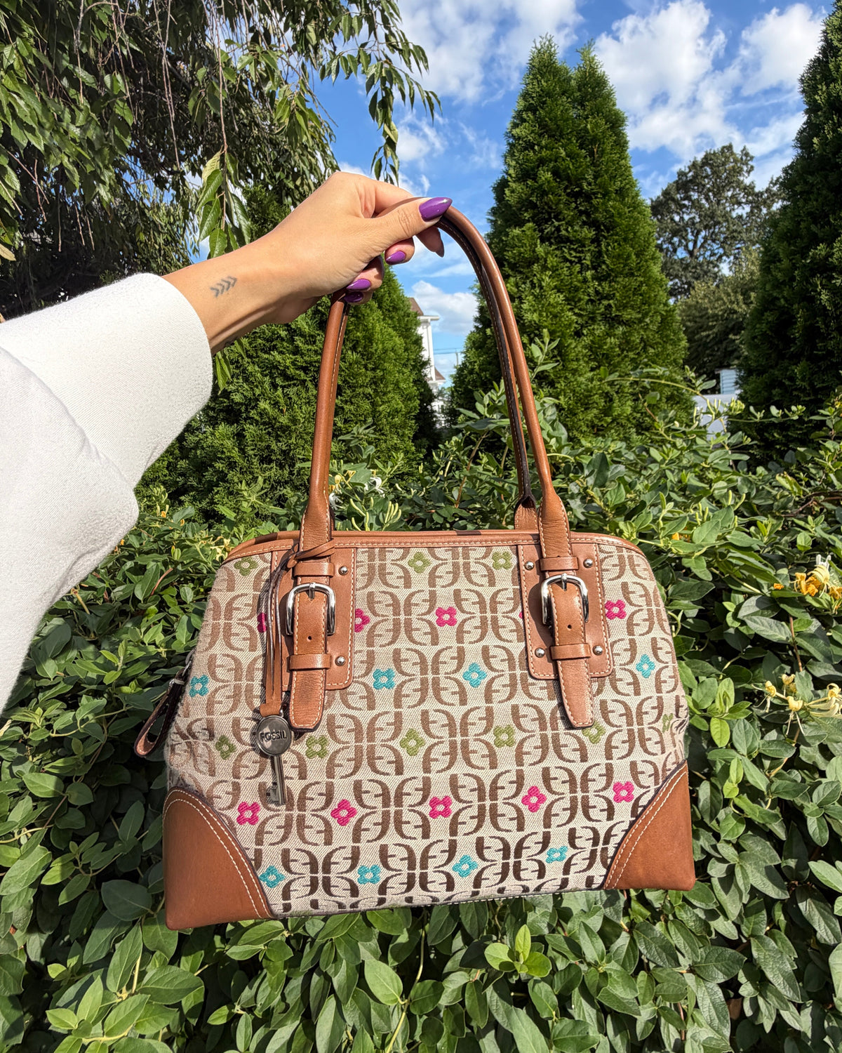 Vintage Y2K Fossil Brown Floral Signature Jacquard Satchel Shoulder Bag