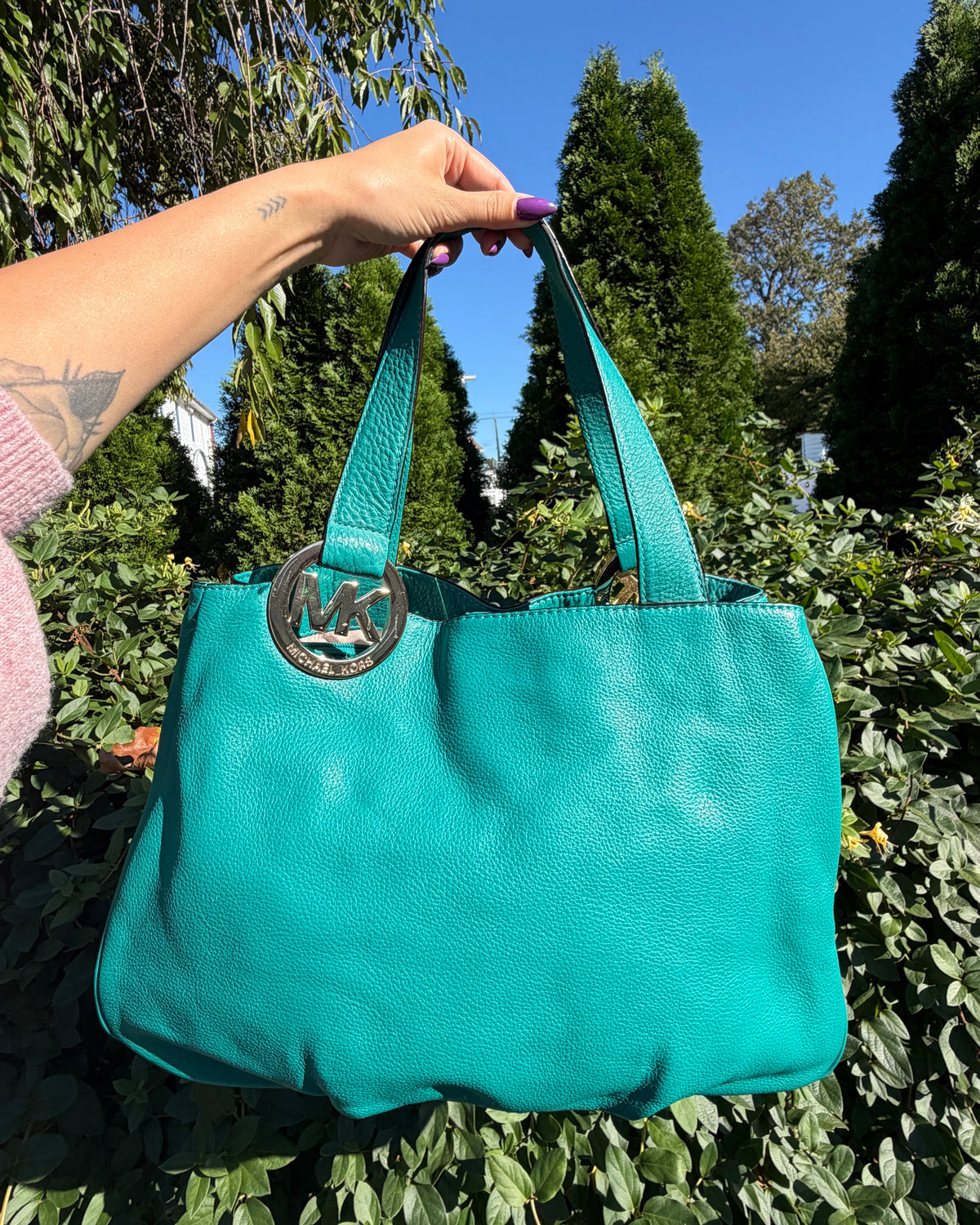 Michael Kors Jet Set Teal Leather Tote Shoulder Bag Designer Handbag Purse
