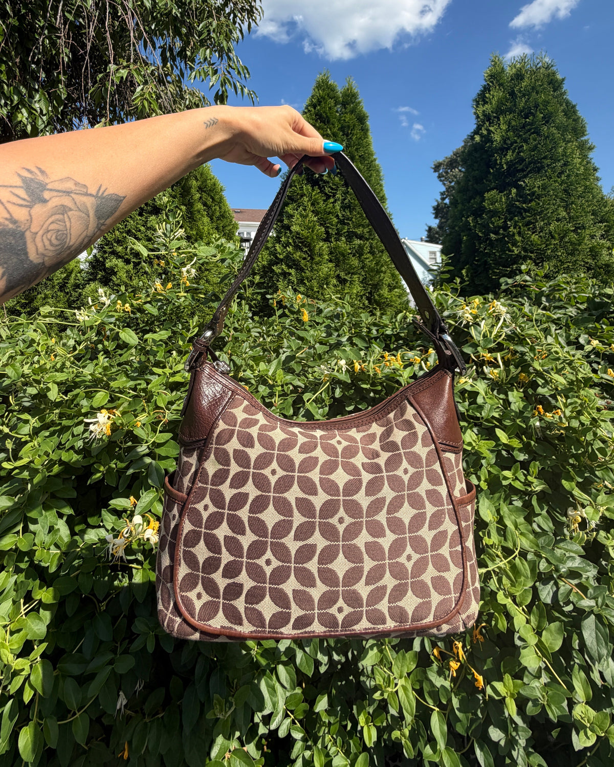 Vintage Fossil Signature Jacquard Brown Monogram Y2K Hobo Shoulder Bag