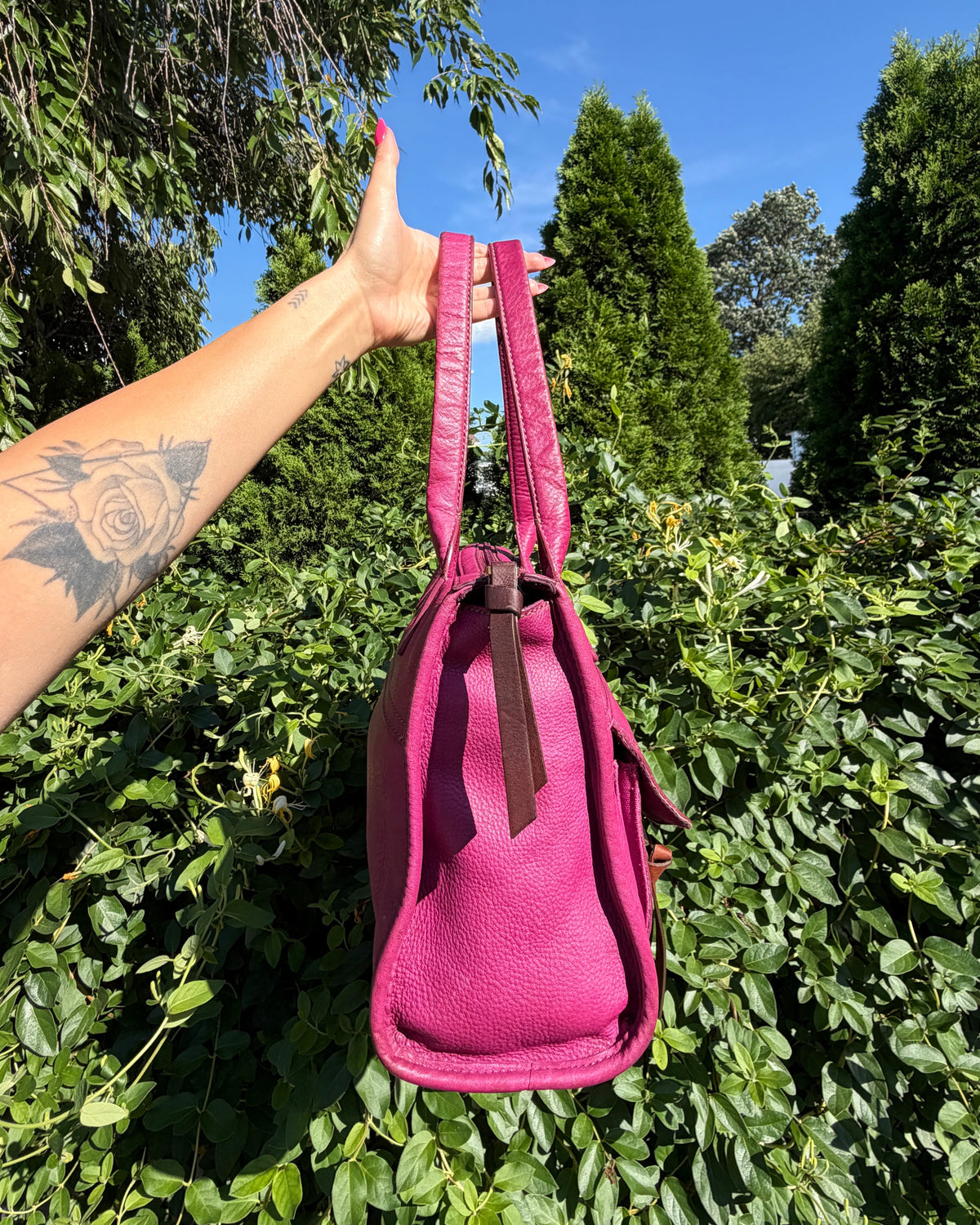 Vintage Fossil Magenta Leather Tote Shoulder Bag Y2K Boho Purse