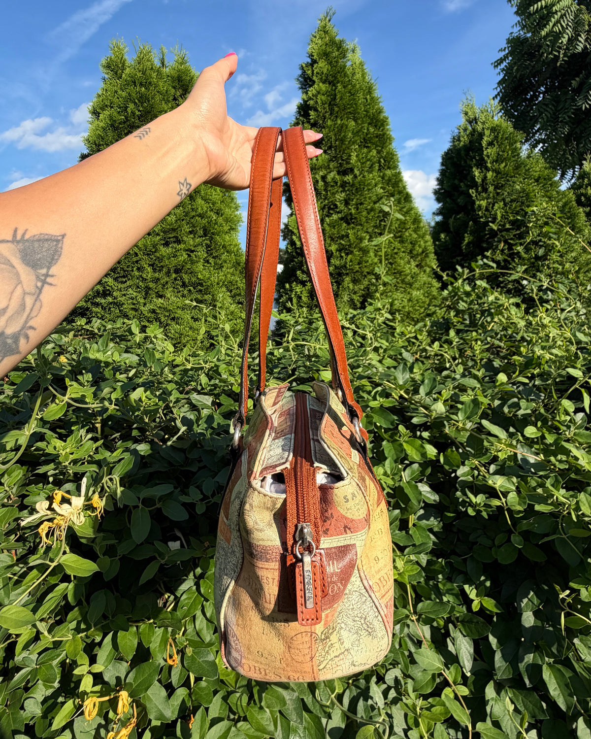 Vintage Fossil Map Print Leather Shoulder Bag Y2K Travel Italian Summer Purse