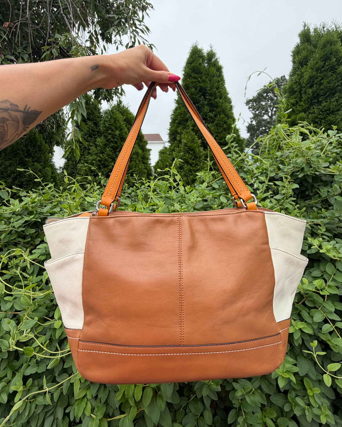 Coach Park Colorblock Carrie Turnlock Tote Leather Shoulder Bag Orange Brown
