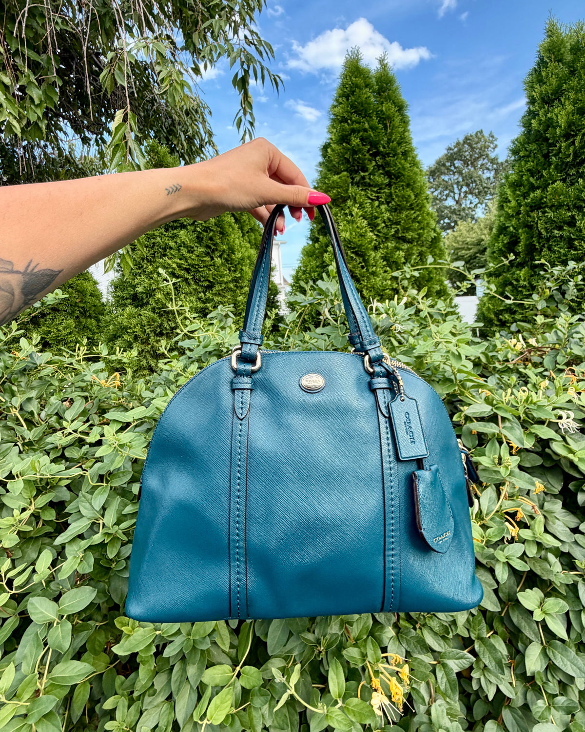 Coach Peyton Teal Blue Leather Satchel Shoulder Bag Dome Purse