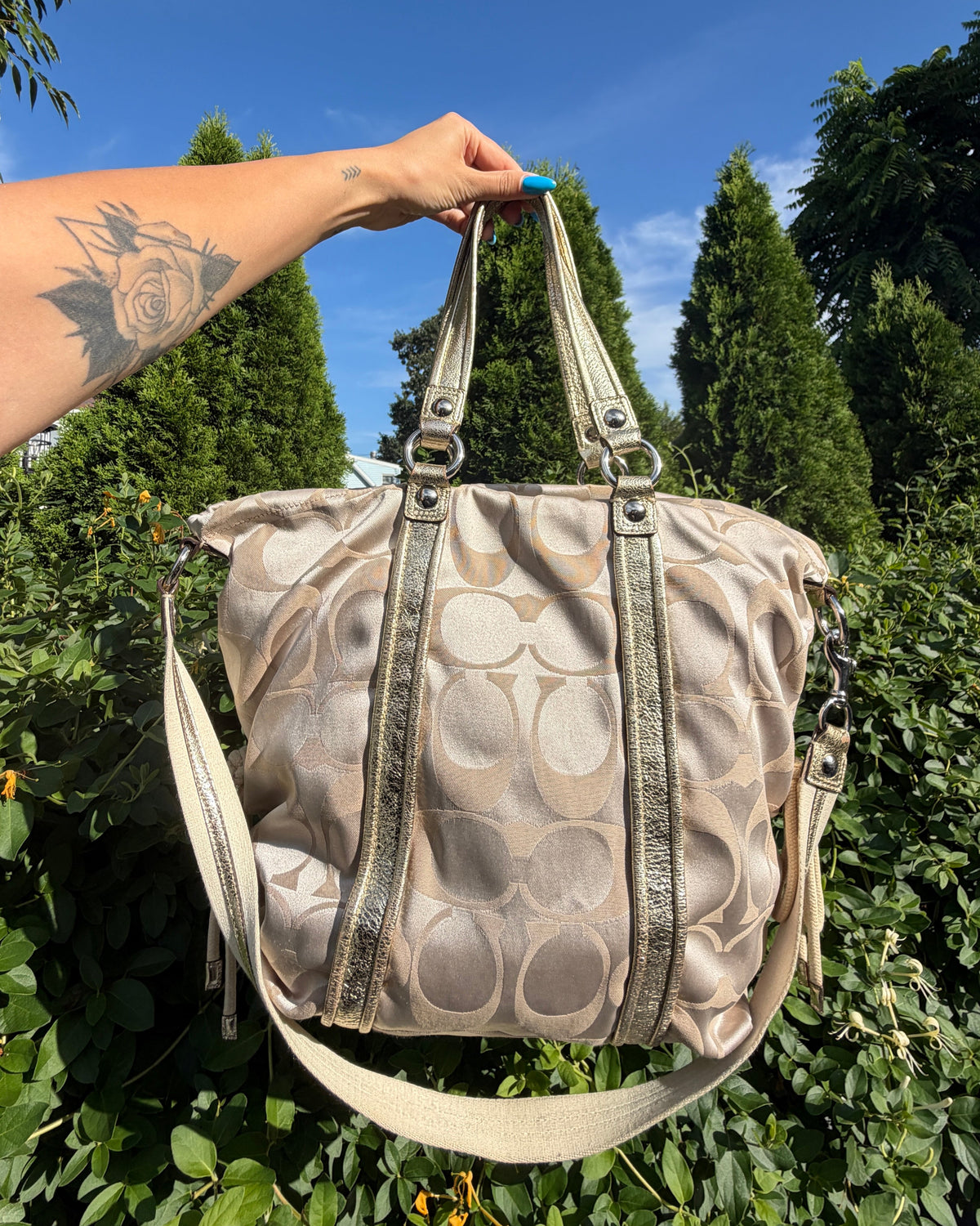 Vintage Y2K Coach Poppy Signature Sateen Gold Trim Tote Shoulder Bag