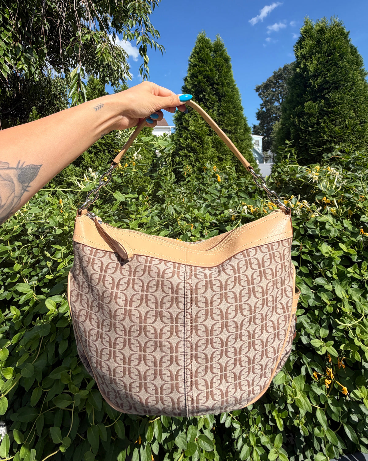 Vintage Fossil Signature Crescent Hobo Shoulder Bag Y2K Monogram Purse RARE