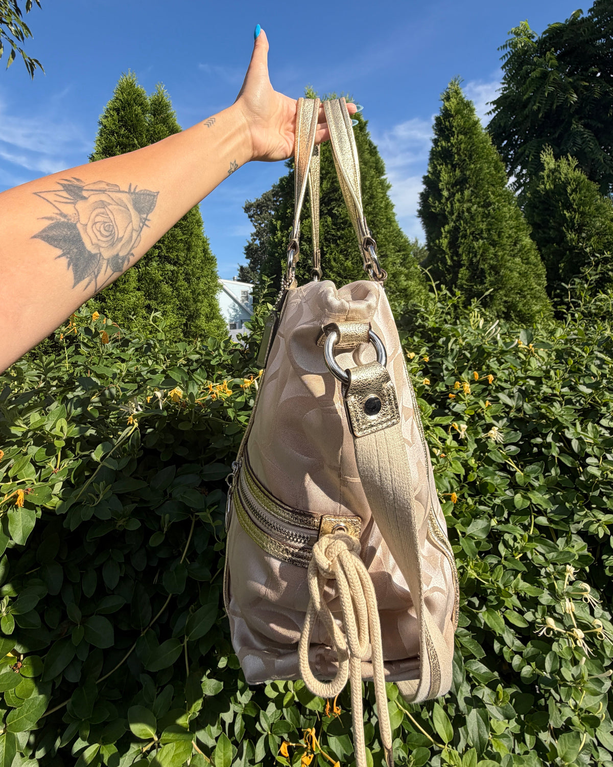 Vintage Y2K Coach Poppy Signature Sateen Gold Trim Tote Shoulder Bag