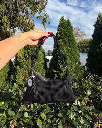 Black Sparkly Beaded Slouchy Baguette Shoulder Bag Evening Going Out Purse