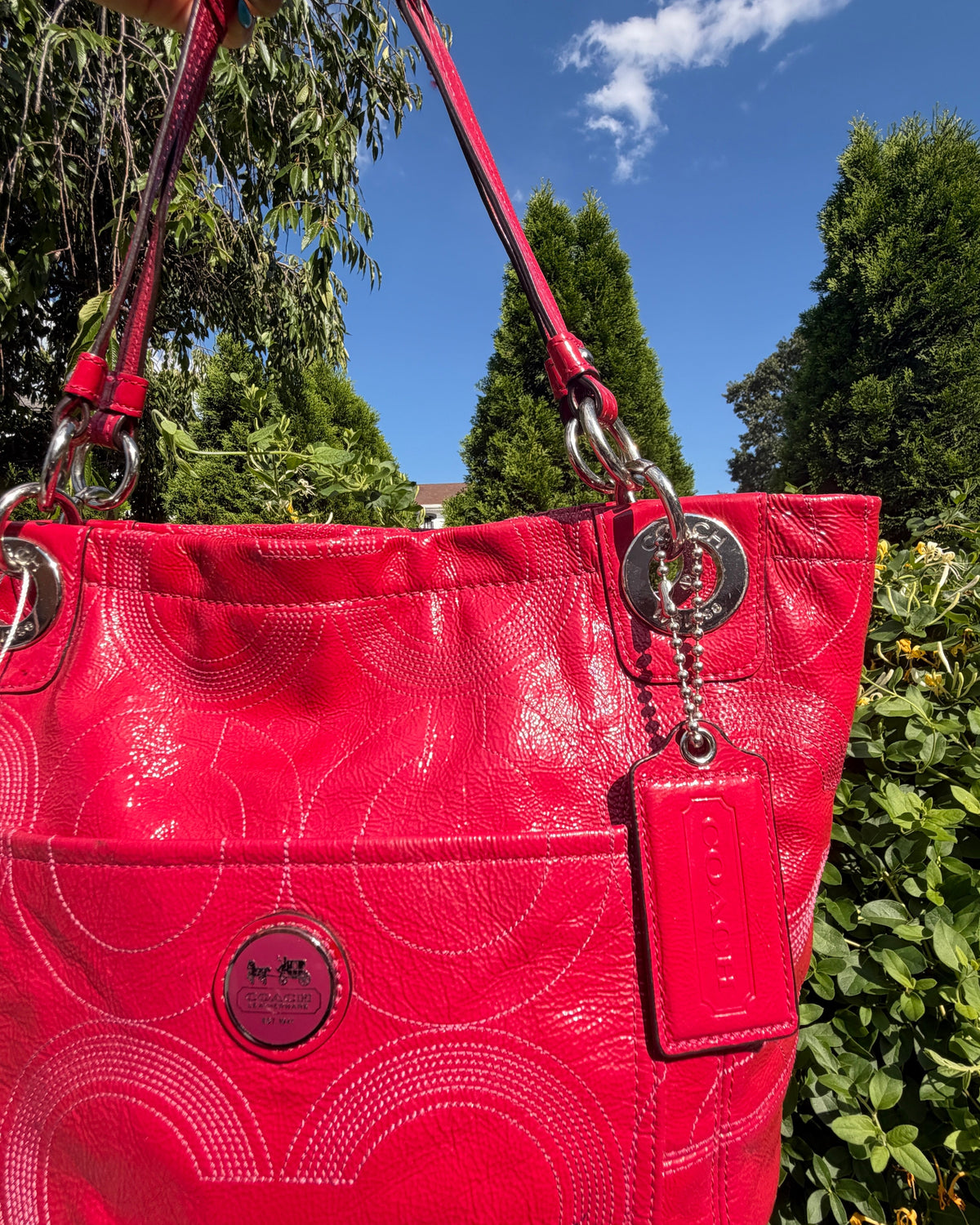Vintage 2010 Coach Hot Pink Red Patent Leather Tote Bag Y2K Shoulder Purse