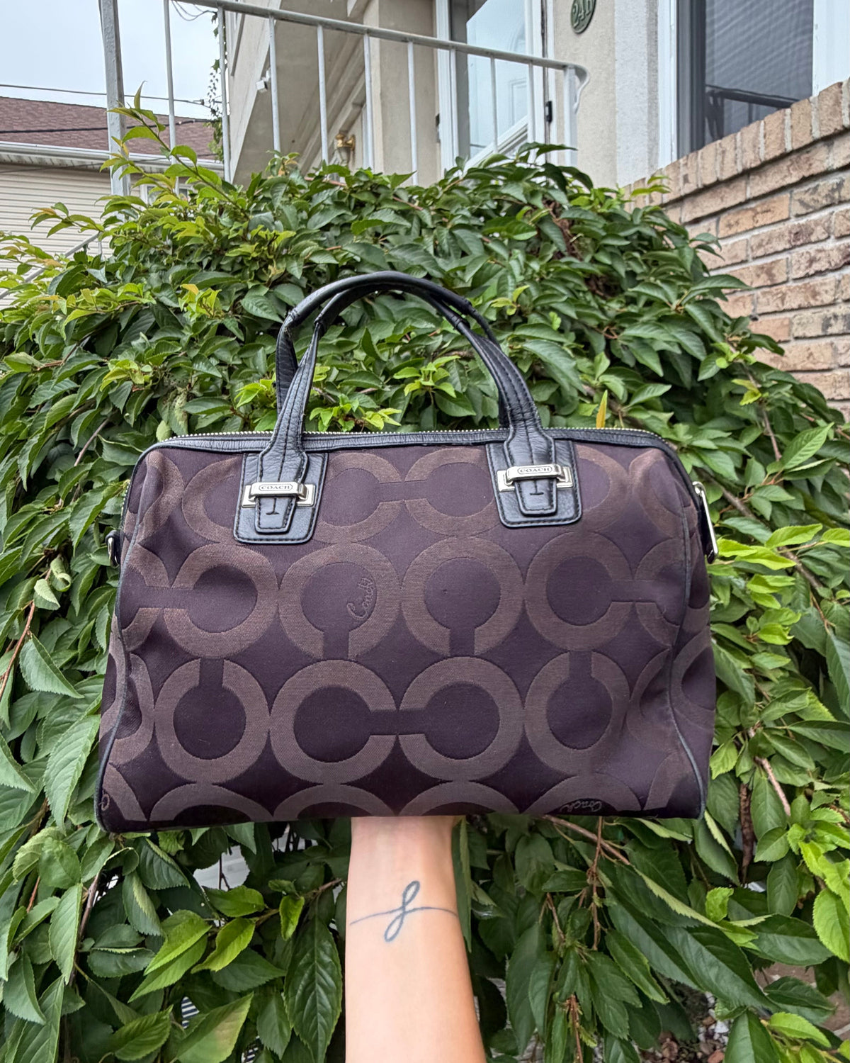Coach Taylor Op Art Signature Canvas Satchel Brown & Black Leather Handbag