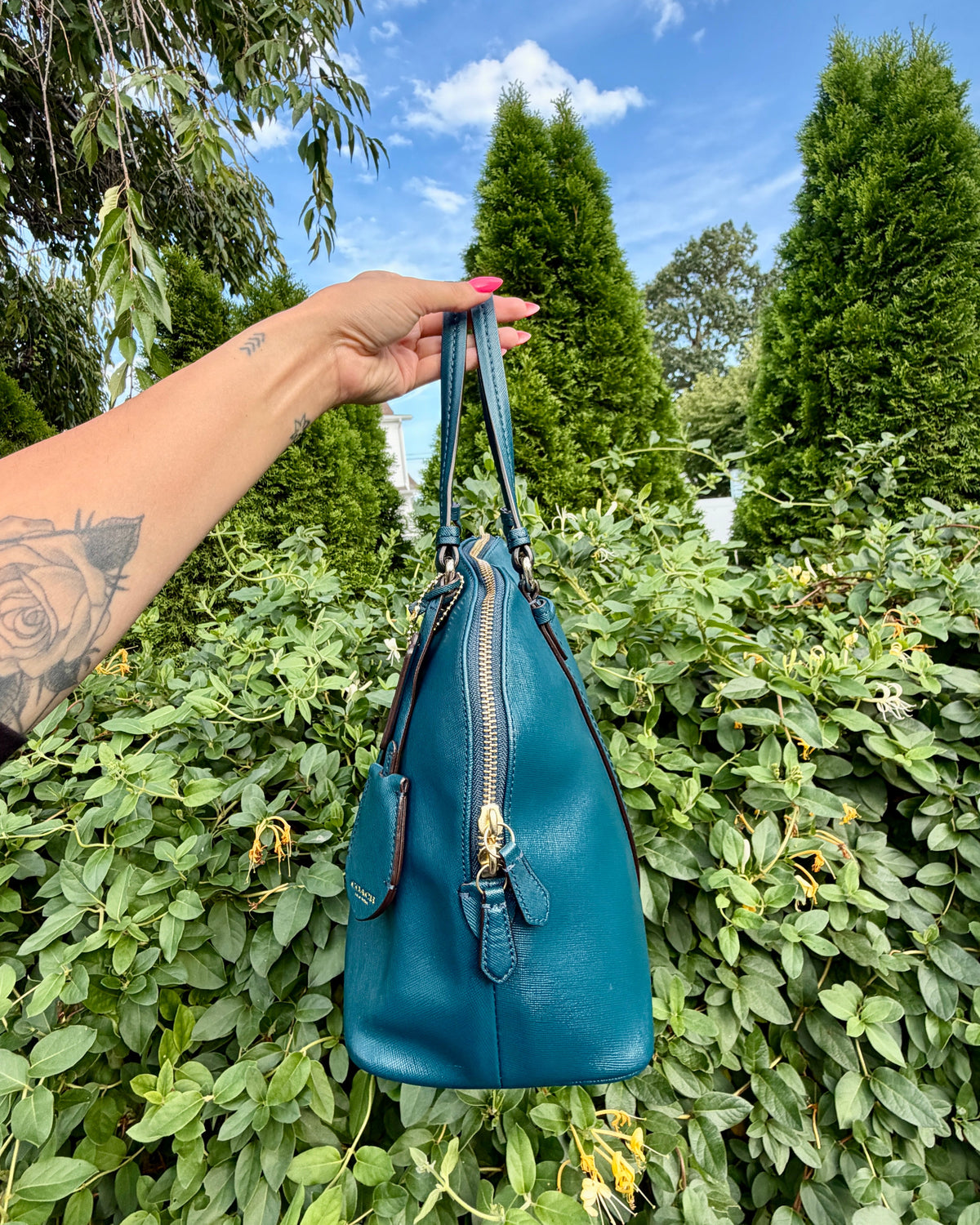 Coach Peyton Teal Blue Leather Satchel Shoulder Bag Dome Purse