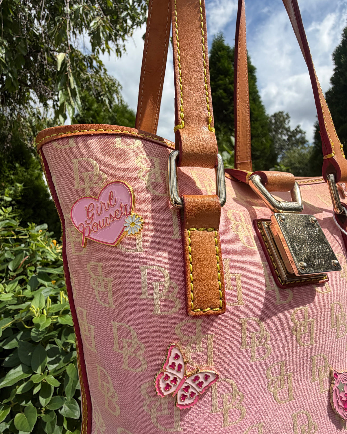 Vintage Y2K Dooney & Bourke Signature Bucket Bag Baby Pink Enamel Pin