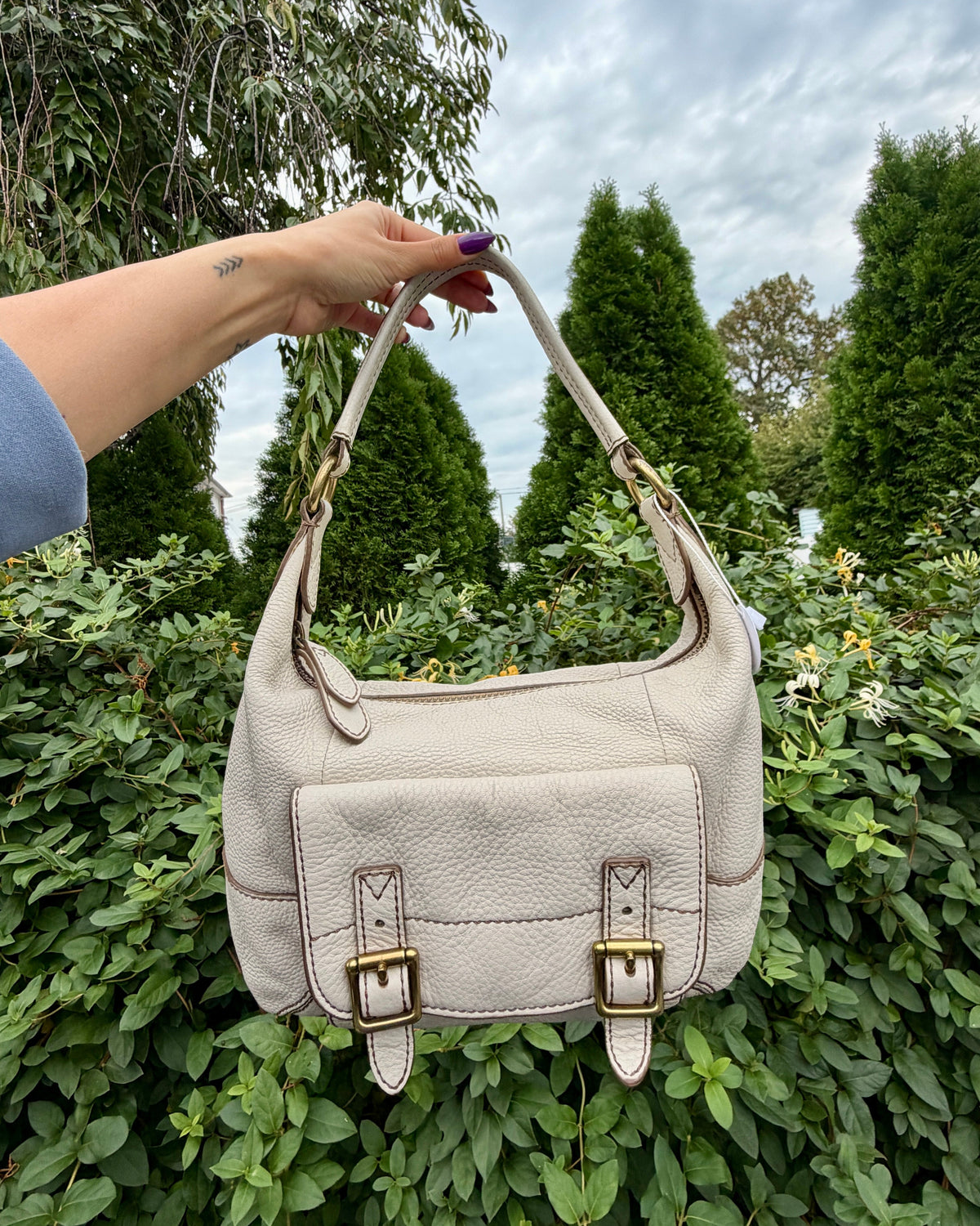 Fossil Tate Ivory Pebbled Leather Shoulder Bag Boho Slouchy Purse
