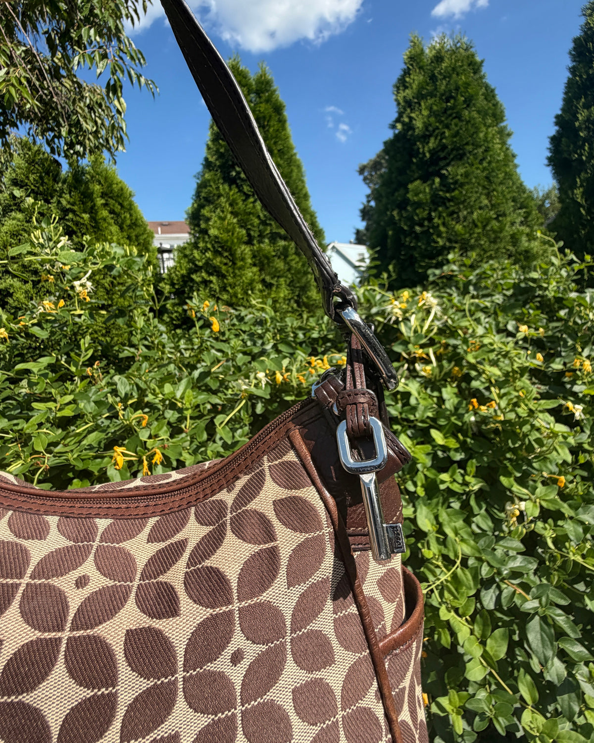 Vintage Fossil Signature Jacquard Brown Monogram Y2K Hobo Shoulder Bag