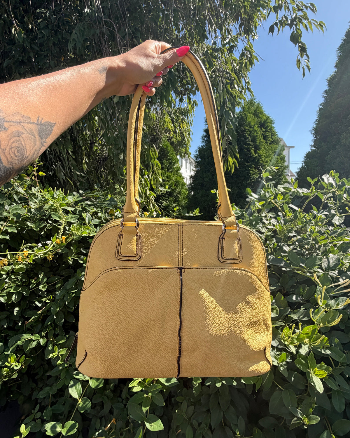 Tignanello Yellow Multi-Pocket Leather Satchel Shoulder Bag Purse
