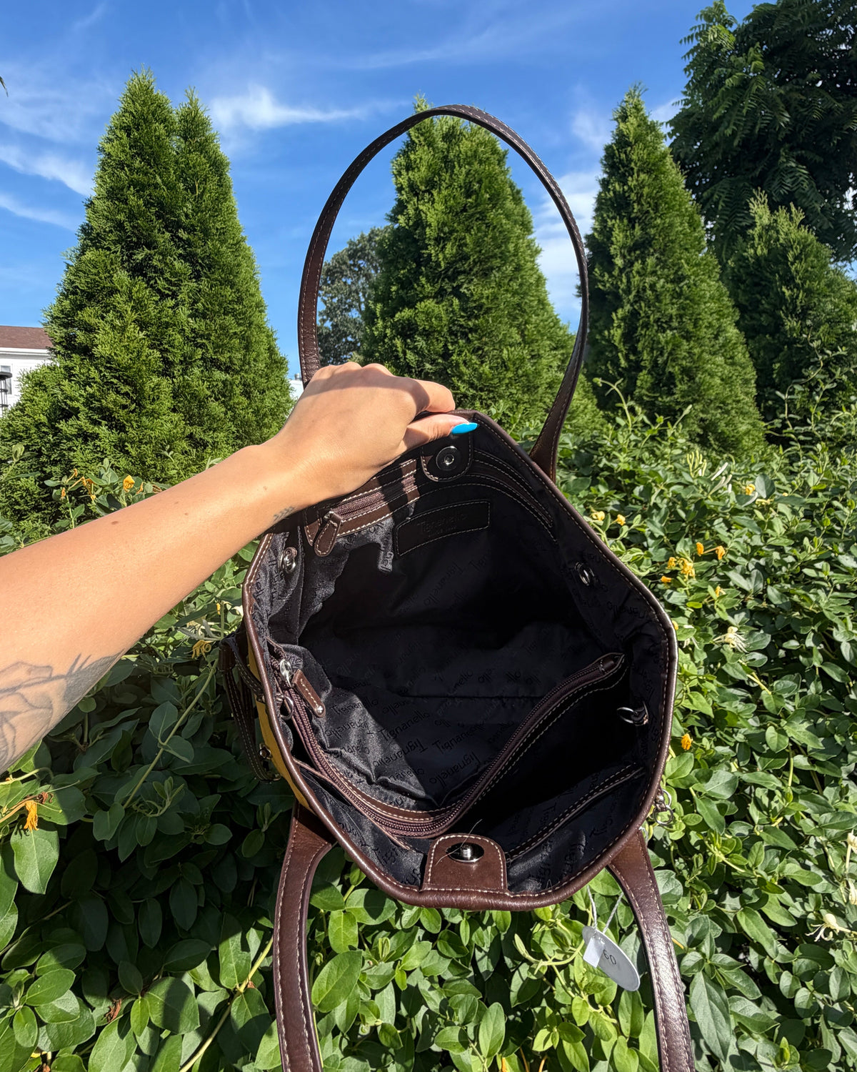 Tignanello Mustard Yellow Brown Leather Tote Shoulder Bag Everyday Purse