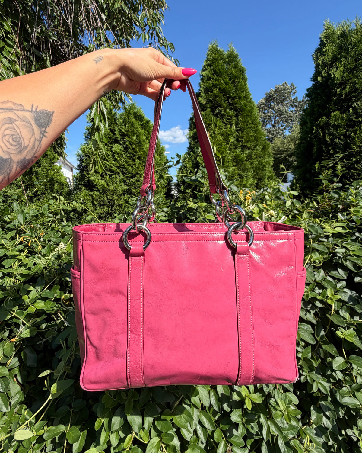 Vintage Y2K Coach Pink Patent Leather East West Gallery Tote Shoulder Bag