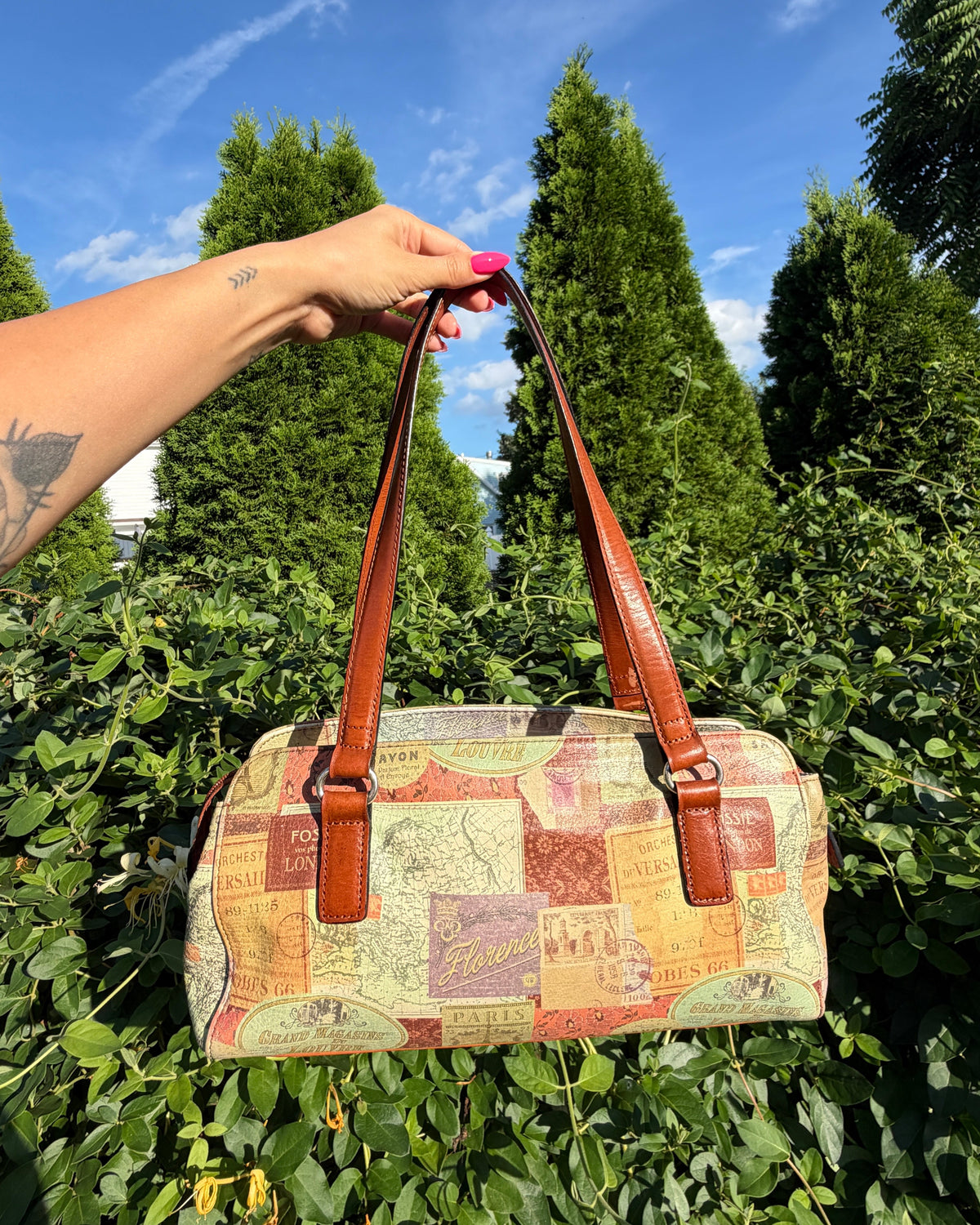 Vintage Fossil Map Print Leather Shoulder Bag Y2K Travel Italian Summer Purse