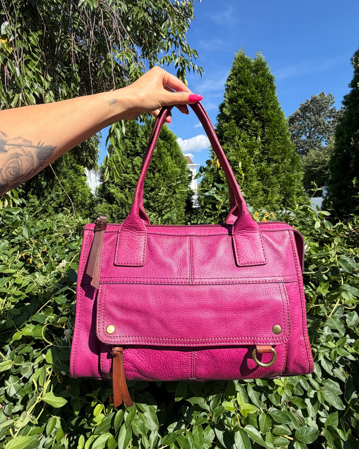 Vintage Fossil Magenta Leather Tote Shoulder Bag Y2K Boho Purse