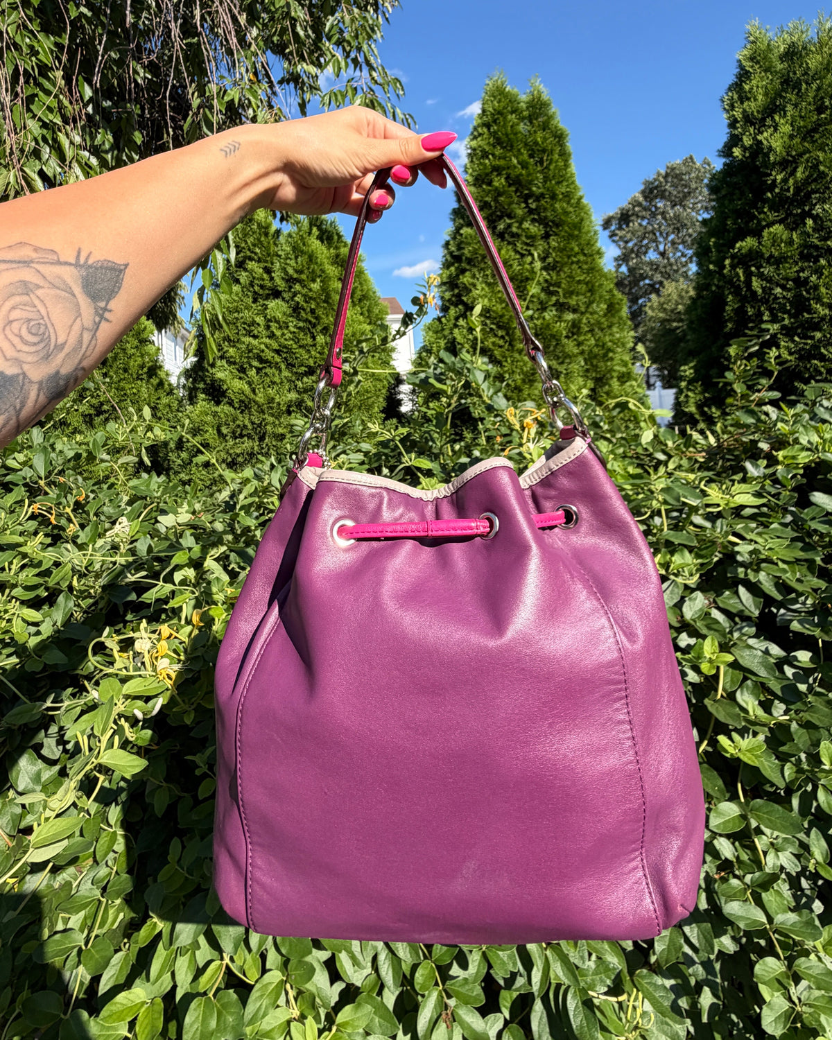 Vintage Coach Daisy Spectator Leather Drawstring Bucket Shoulder Bag Y2K