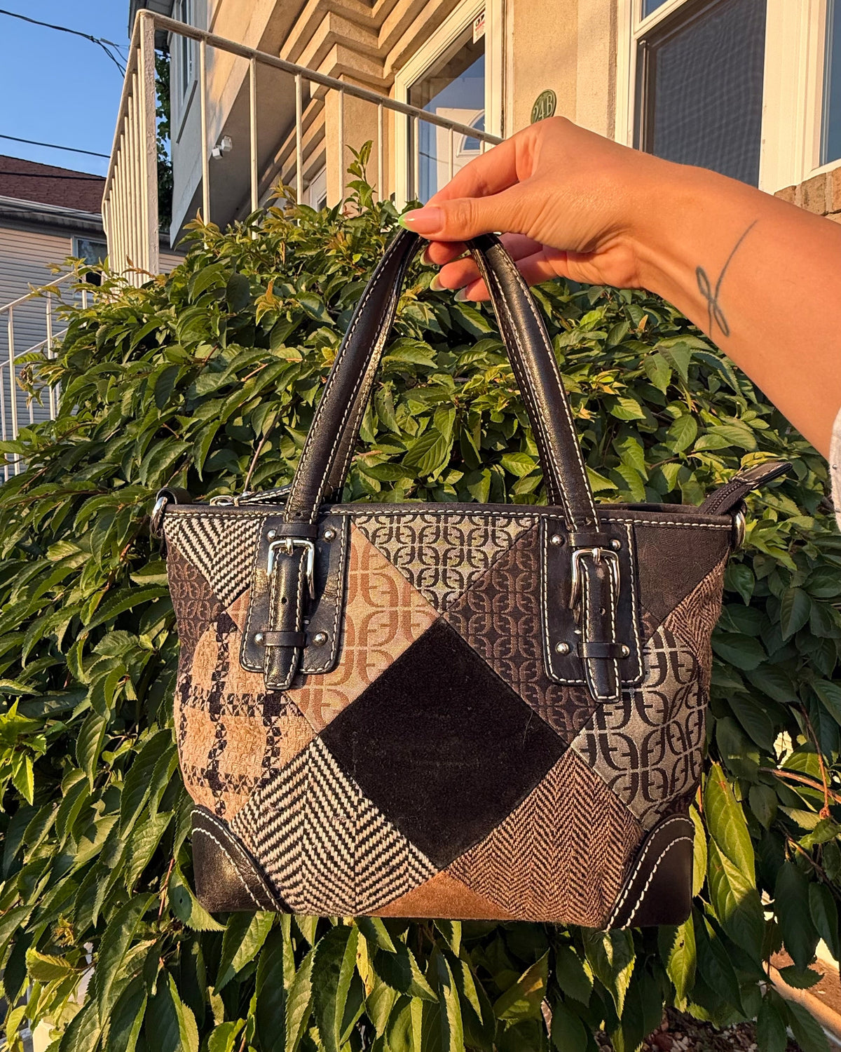 Fossil Vintage Y2K Signature Brown Monogram Patchwork Suede Satchel Shoulder Bag