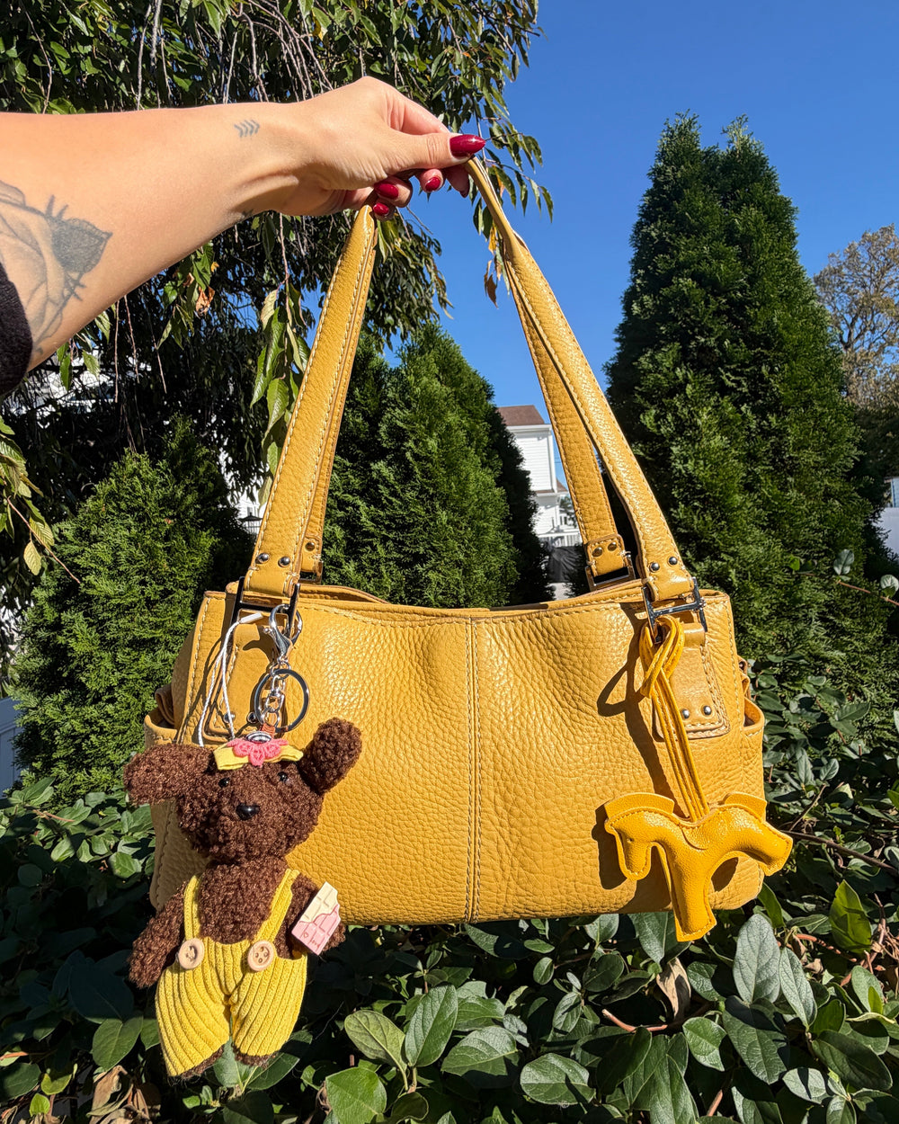 Vintage Y2K Fossil Yellow Leather Baguette Shoulder Bag Purse with Charms