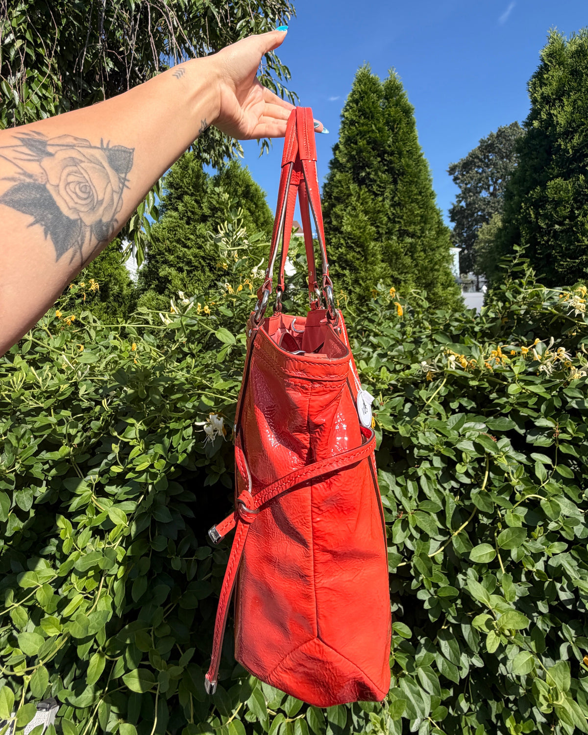 Vintage Coach Audrey Op Art Perforated Red Patent Leather Tote Y2K Shoulder Bag