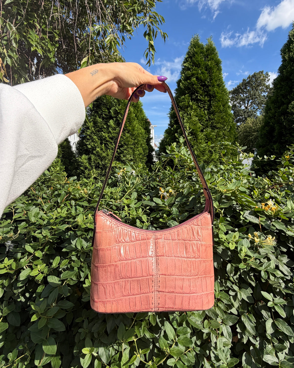 Vintage Y2K Fossil Pink Croc Embossed Leather Shoulder Bag Purse