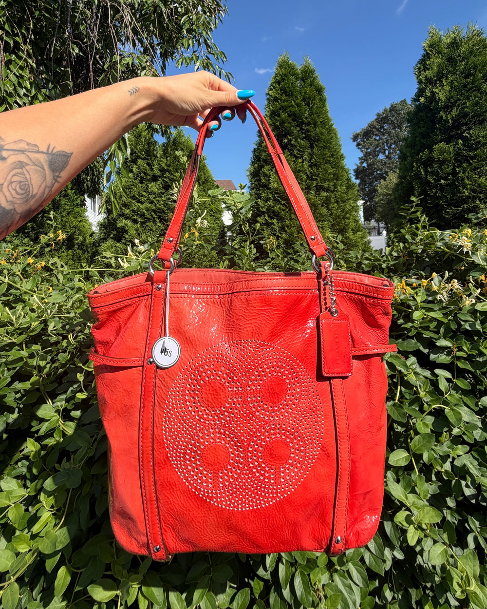Vintage Coach Audrey Op Art Perforated Red Patent Leather Tote Y2K Shoulder Bag