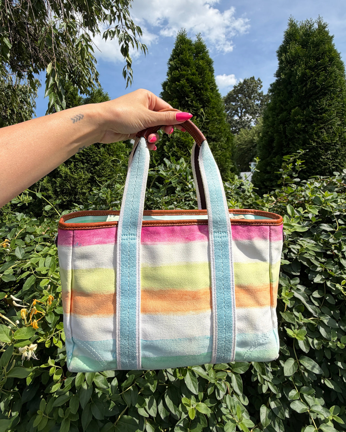 Vintage Y2K Coach Colorful Stripe Watercolor Print Satchel Shoulder Bag