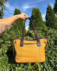 Tignanello Mustard Yellow Brown Leather Tote Shoulder Bag Everyday Purse