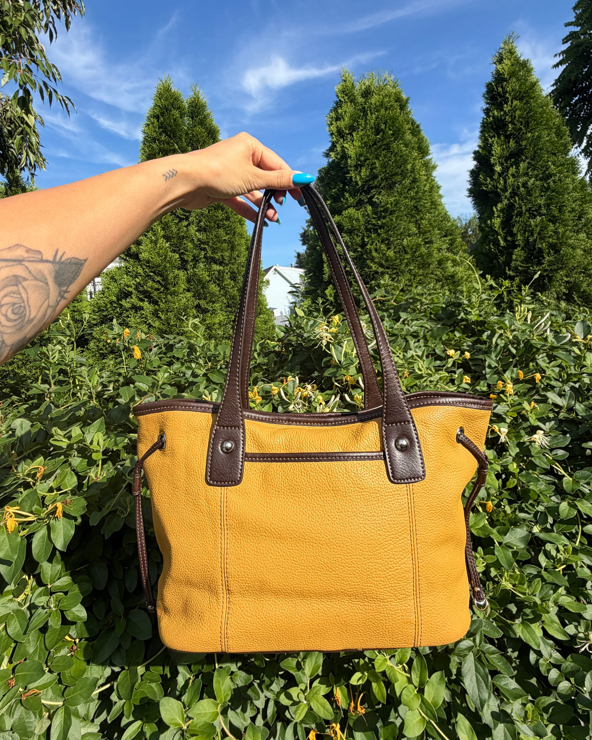 Tignanello Mustard Yellow Brown Leather Tote Shoulder Bag Everyday Purse