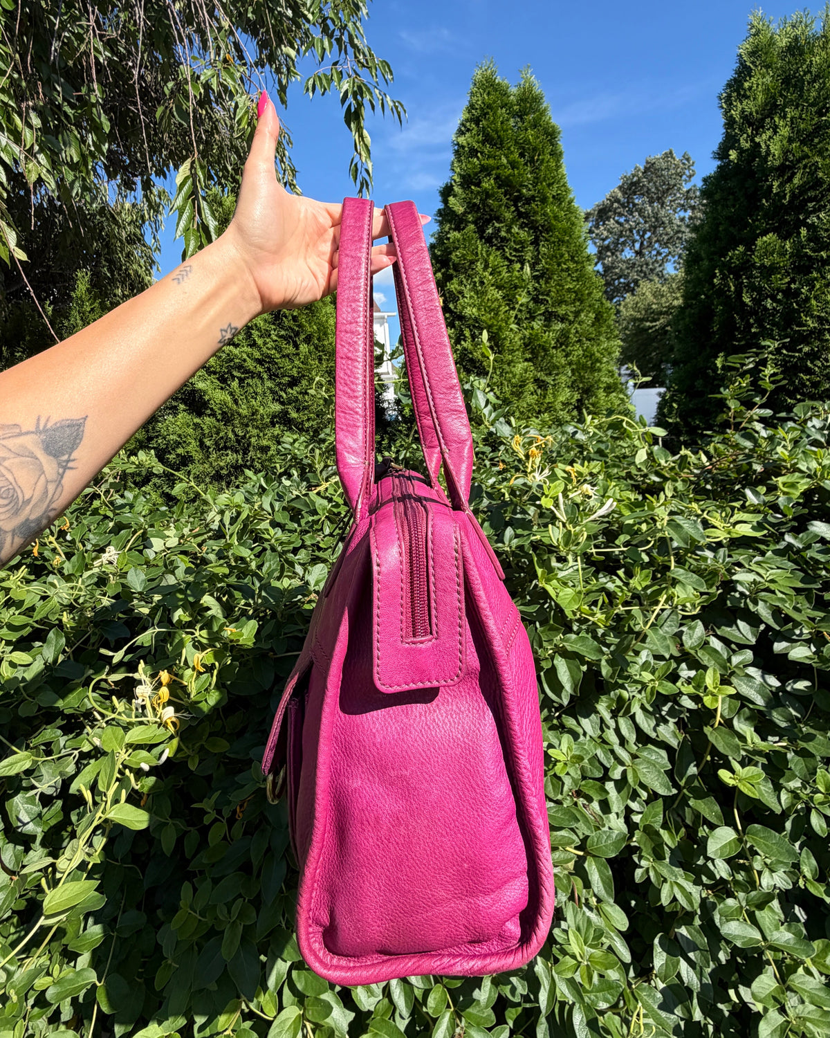 Vintage Fossil Magenta Leather Tote Shoulder Bag Y2K Boho Purse