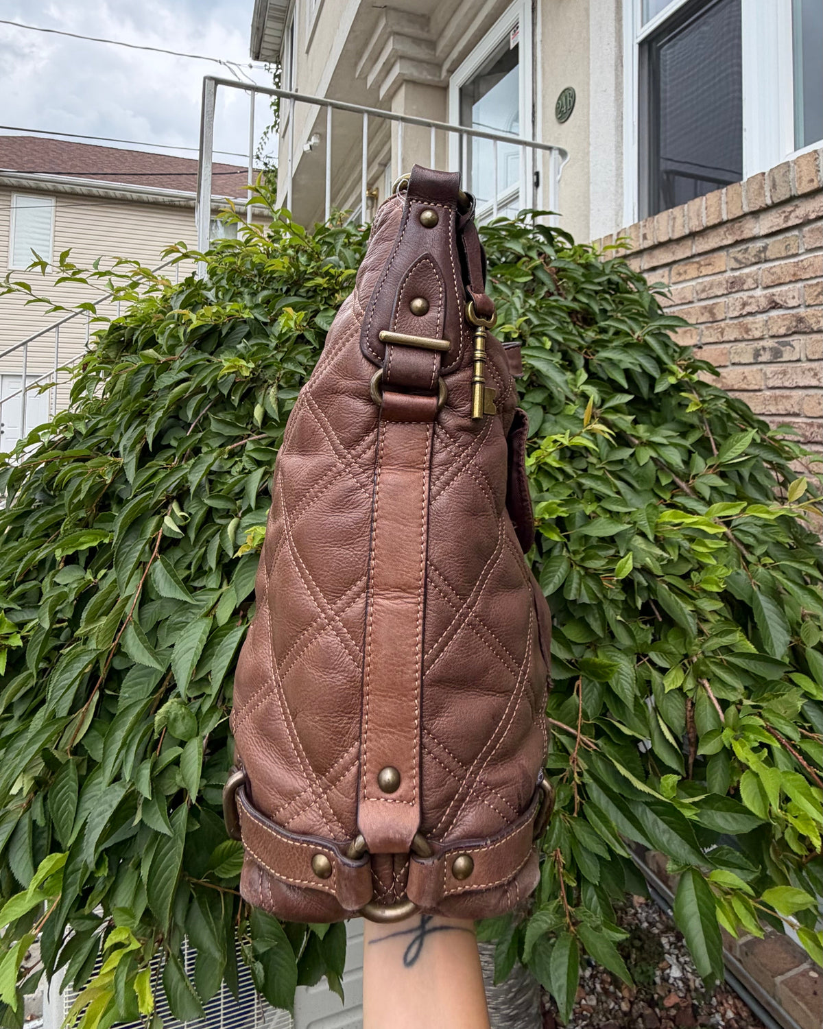 Fossil Chocolate Brown Quilted Leather Shoulder Hobo