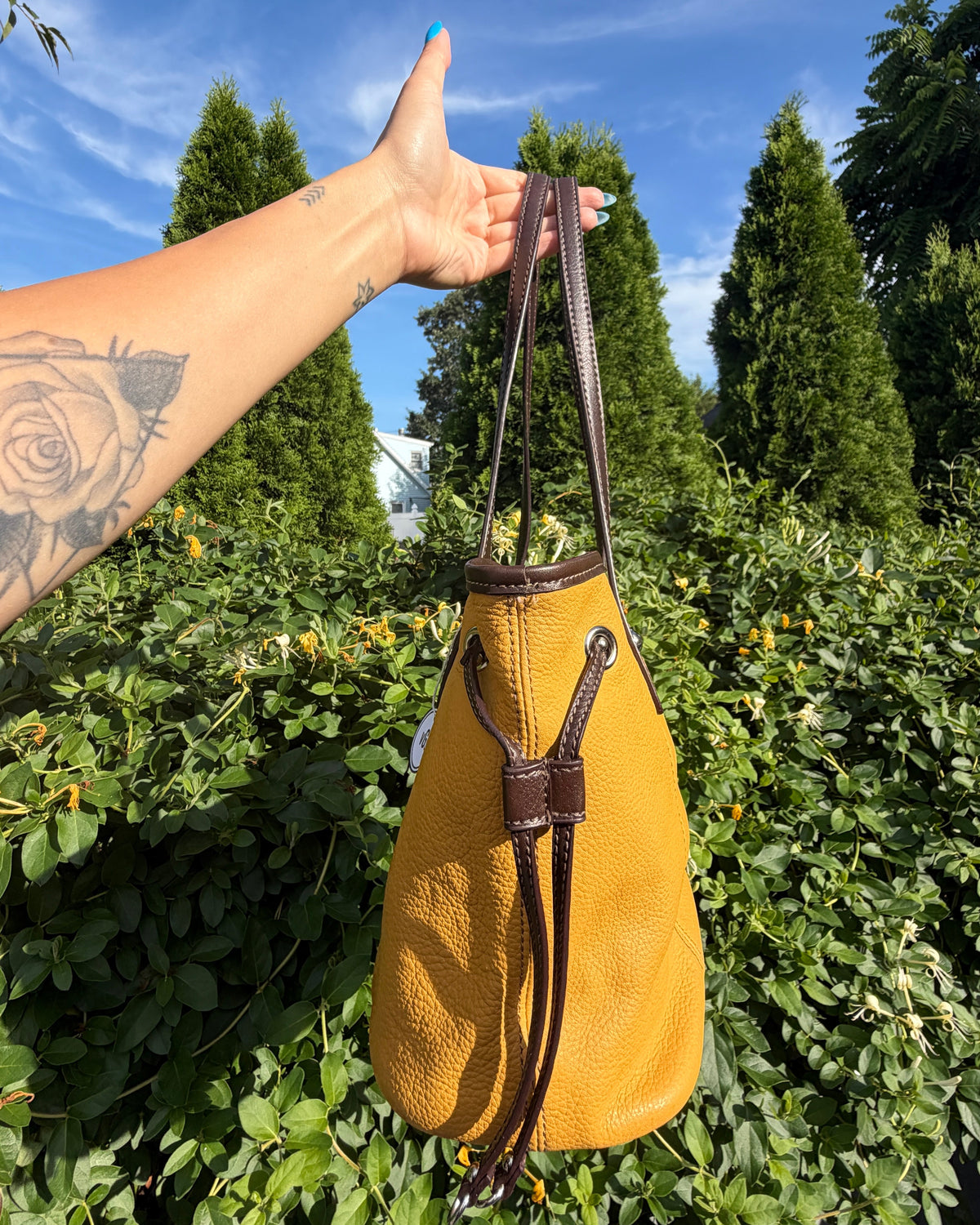 Tignanello Mustard Yellow Brown Leather Tote Shoulder Bag Everyday Purse
