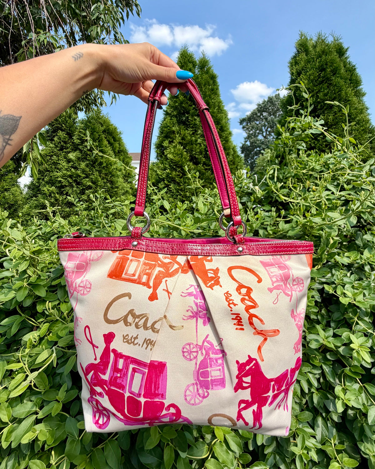 Vintage Coach Horse & Carriage Multicolor Canvas Tote Bag Y2K Shoulder Purse
