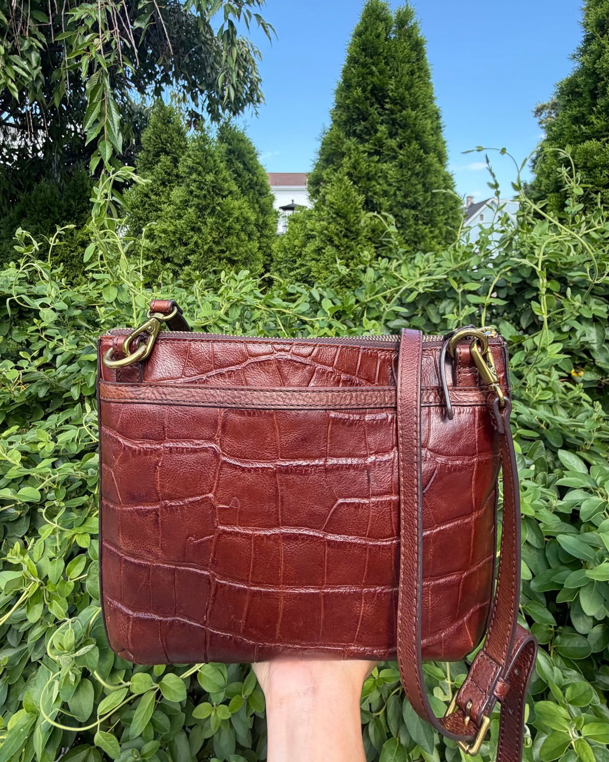 Vintage Fossil Croc Embossed Leather Crossbody Bag Brown Y2K Adjustable