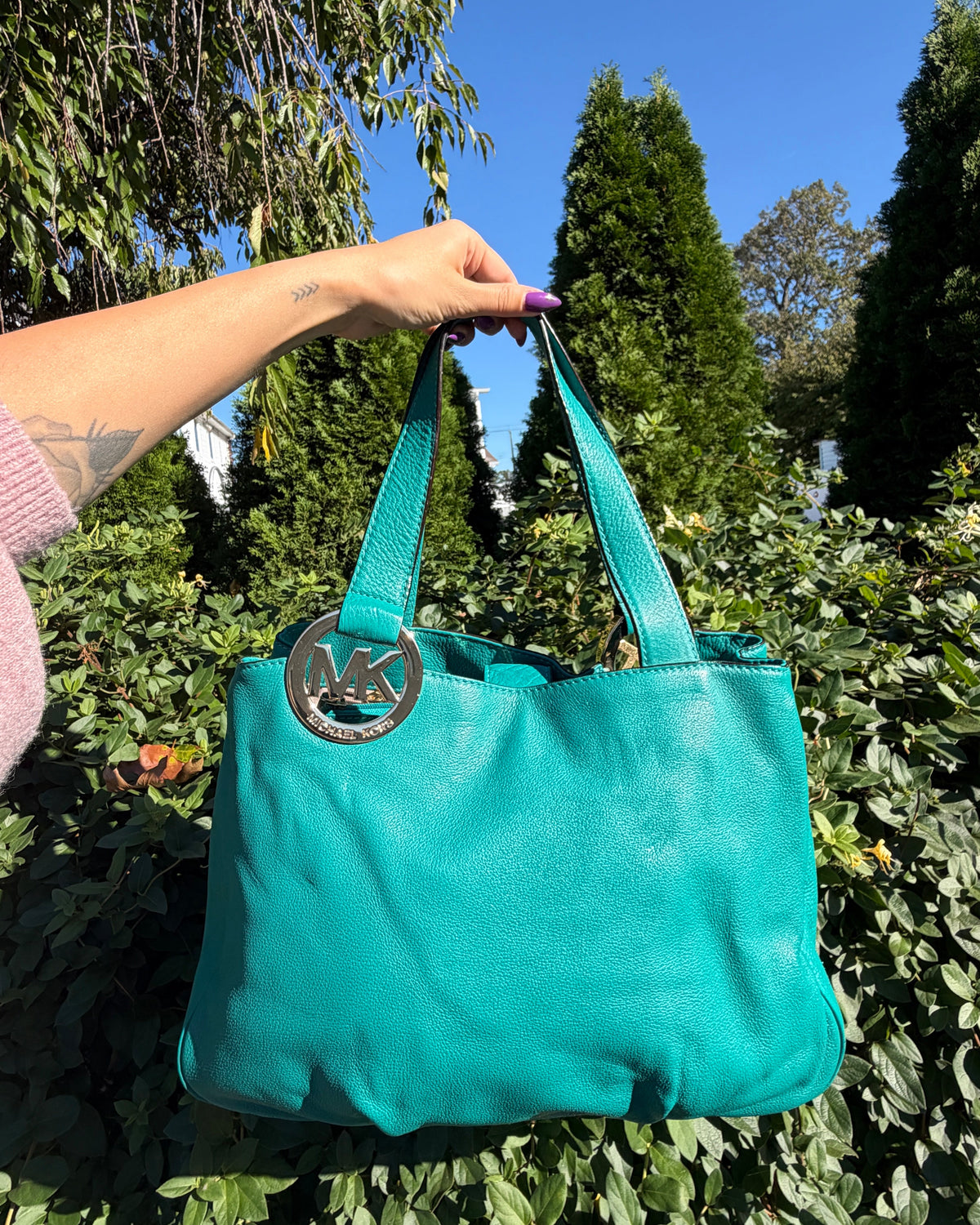 Michael Kors Jet Set Teal Leather Tote Shoulder Bag Designer Handbag Purse