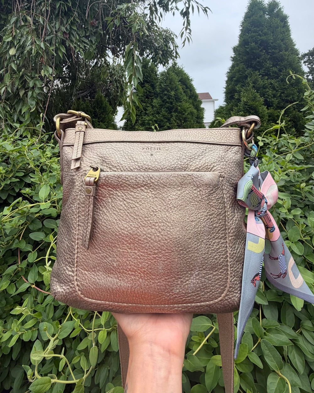 Fossil Metallic Taupe Pebbled Leather Crossbody with Scarf Accent