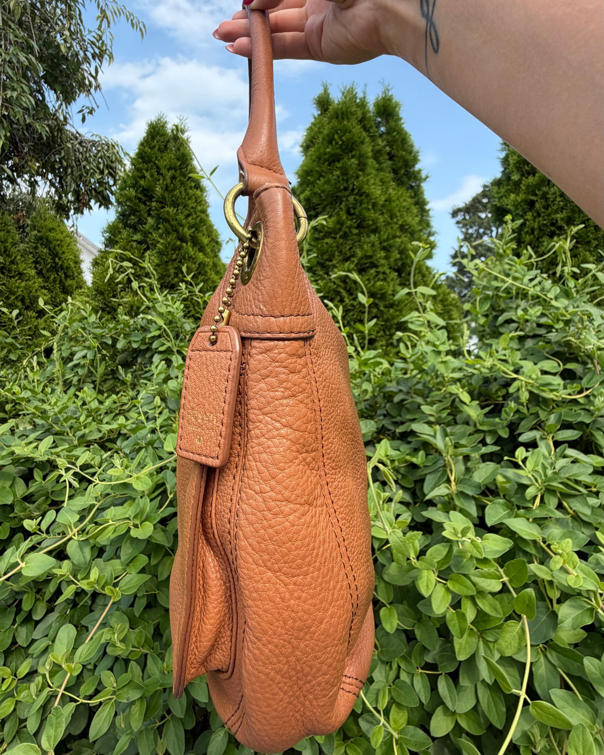 Vintage Fossil Brown Tan Pebbled Leather Y2K Hobo Shoulder Bag Brass Hardware