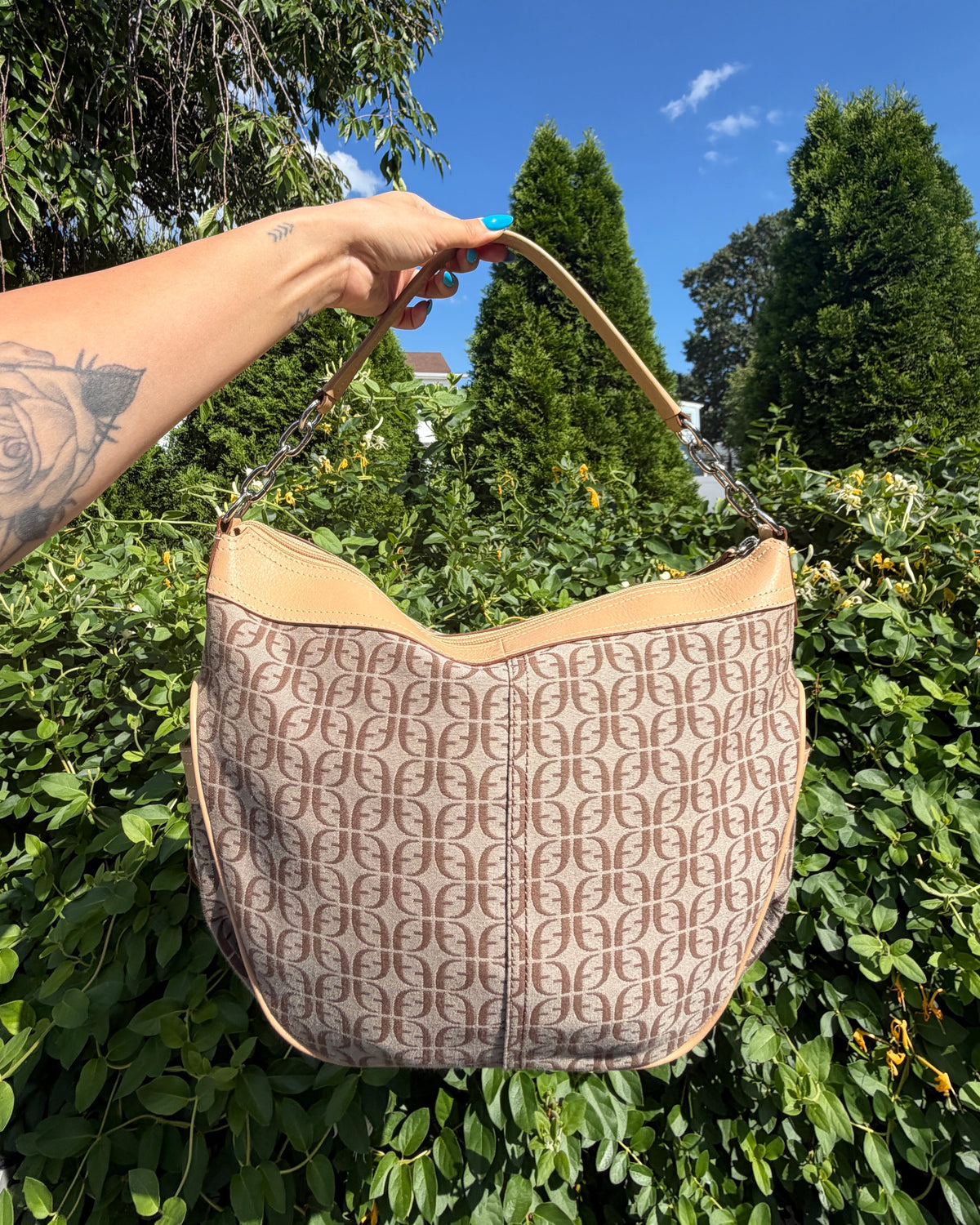 Vintage Fossil Signature Crescent Hobo Shoulder Bag Y2K Monogram Purse RARE