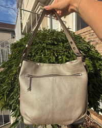 Coach Metallic Silver Gray Pebbled Leather Hobo Shoulder Bag Slouch Tote Purse