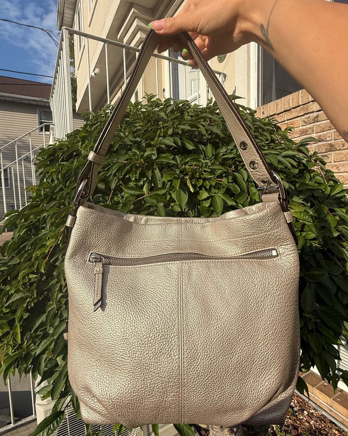 Coach Metallic Silver Gray Pebbled Leather Hobo Shoulder Bag Slouch Tote Purse