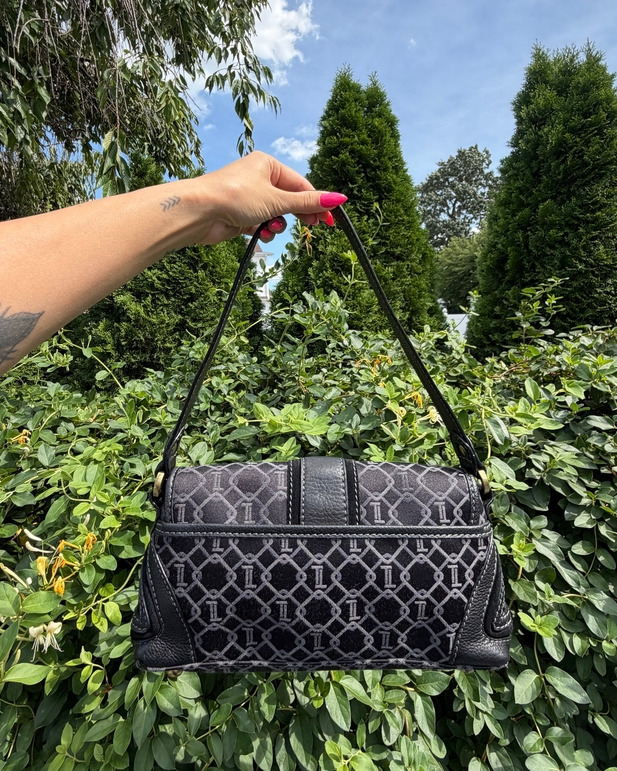Vintage Y2K Tignanello Black Jacquard Shoulder Bag Rare Purse